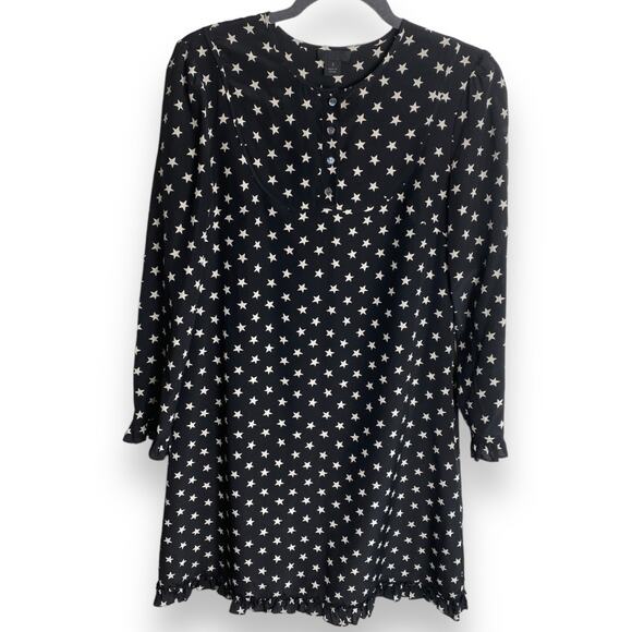 J CREW COLLECTION DRESS 2 SILK LONG SLEEVE RUFFLE BLACK WHITE STAR PRINT PREPPY - Picture 1 of 12